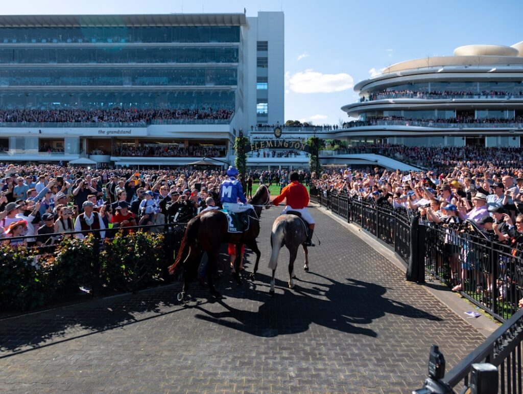 The famed horse 'Winx' walking back into the stables with a crowd that showed up just for her.