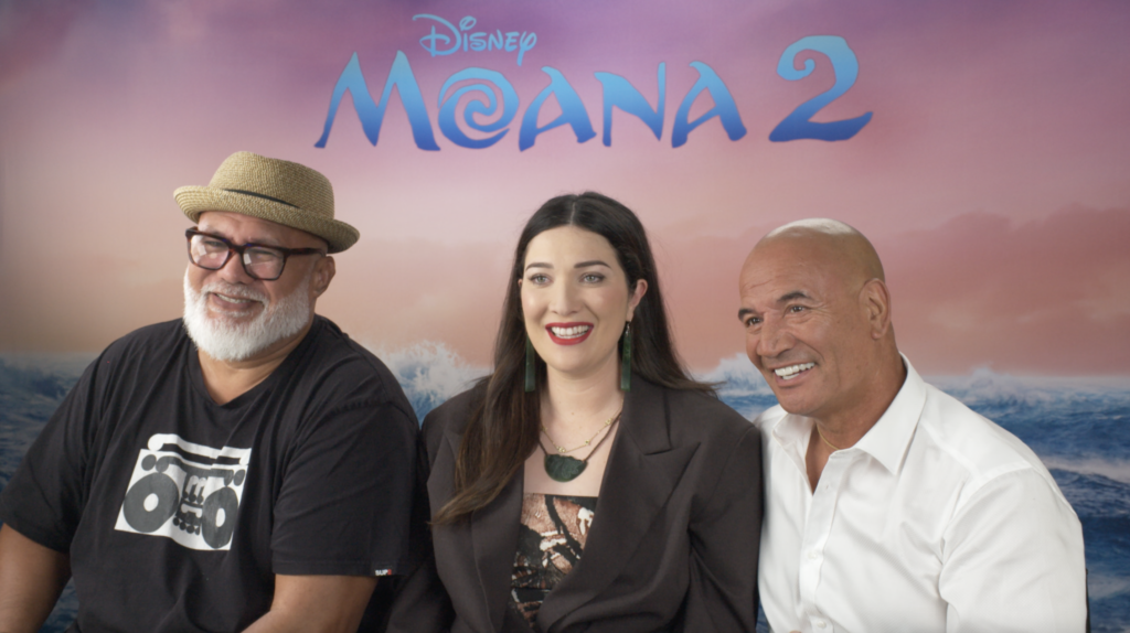 Moana 2 stars David Fane (L), Awhimai Fraser (C) and Temuera Morrison (R) speak to Missing Perspectives. 