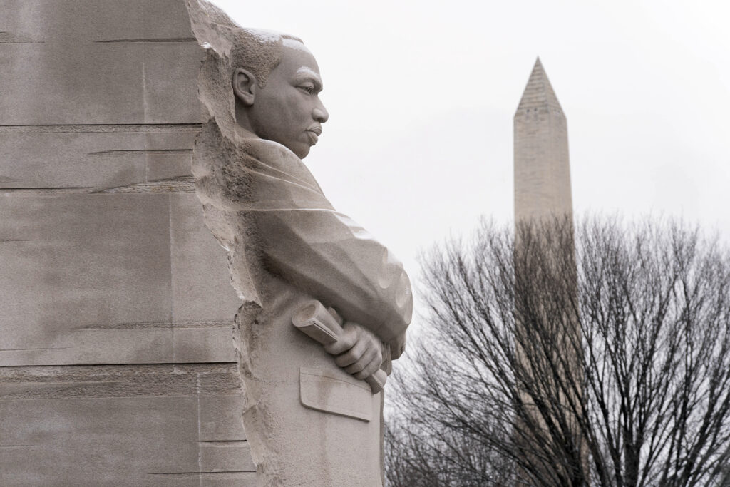 A view of the Martin Luther King Jr. Memorial, backdropped by the Washington Monument during the annual MLK wreath-laying ceremony in Washington, Jan. 15, 2024.