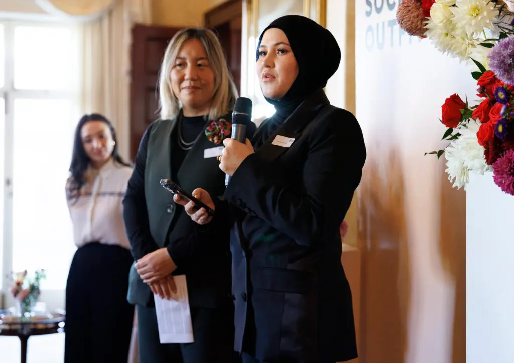 Fatima with Her Excellency the Honourable Ms Sam Mostyn AC, Governor-General Australia at the Meet the Makers reception for The Social Outfit at Admiralty House, Sydney.