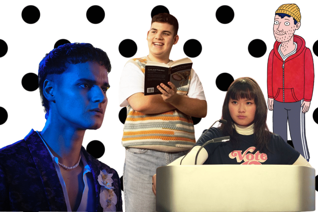 A polka dot background with an overlay of images of Cash from Heartbreak High, Isaac from Heartstopper, Oh from Sex Education, and Todd Chaves from BoJack Horseman