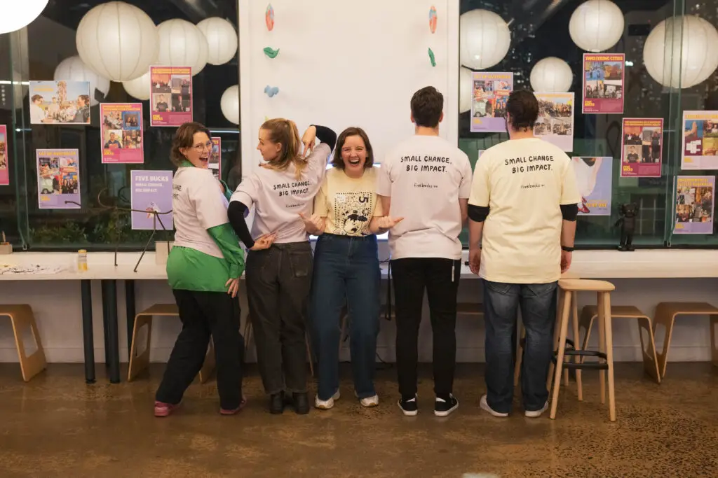 Brianna Kerr (centre) with Five Bucks volunteers at a ‘pool’ party