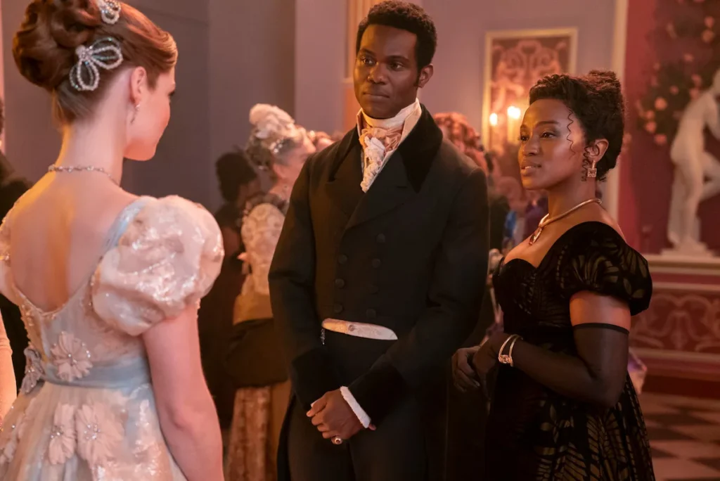 Francesca Bridgerton (left), John Stirling (centre) and Michaela Stirling (right) in Netflix series, Bridgerton.