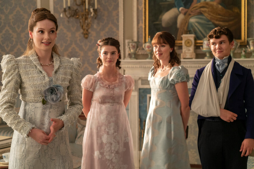 Francesca Bridgerton (far left) and Eloise Bridgerton (second from right) in Netflix series, Bridgerton. 
